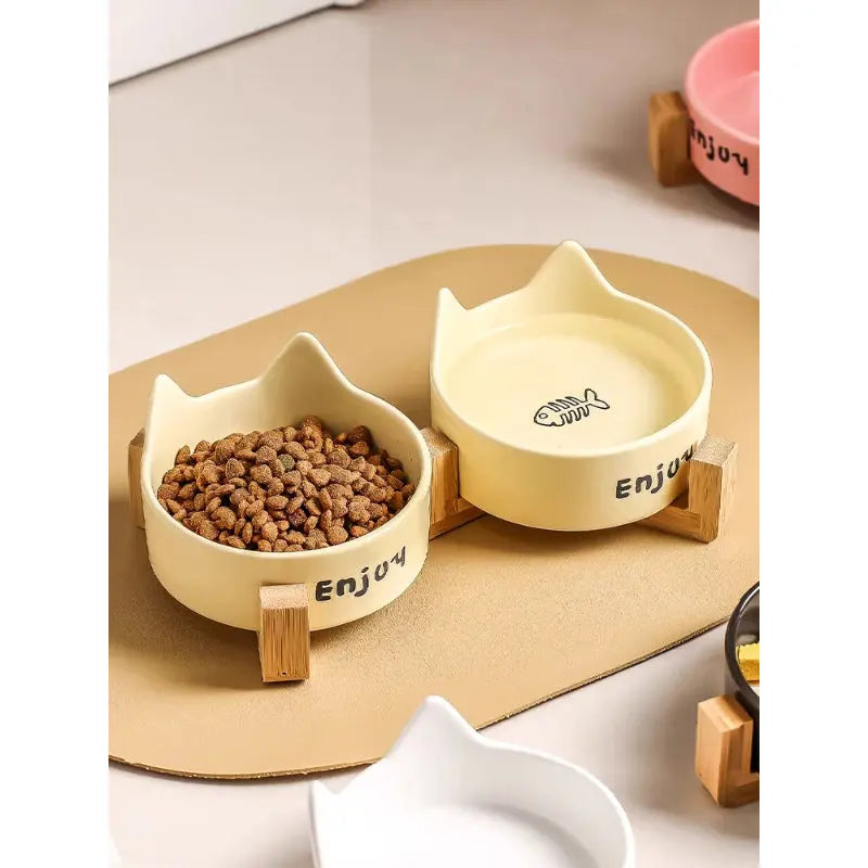 Cat Ear Ceramic Cat Bowl Set with Wooden Stand  Decorla