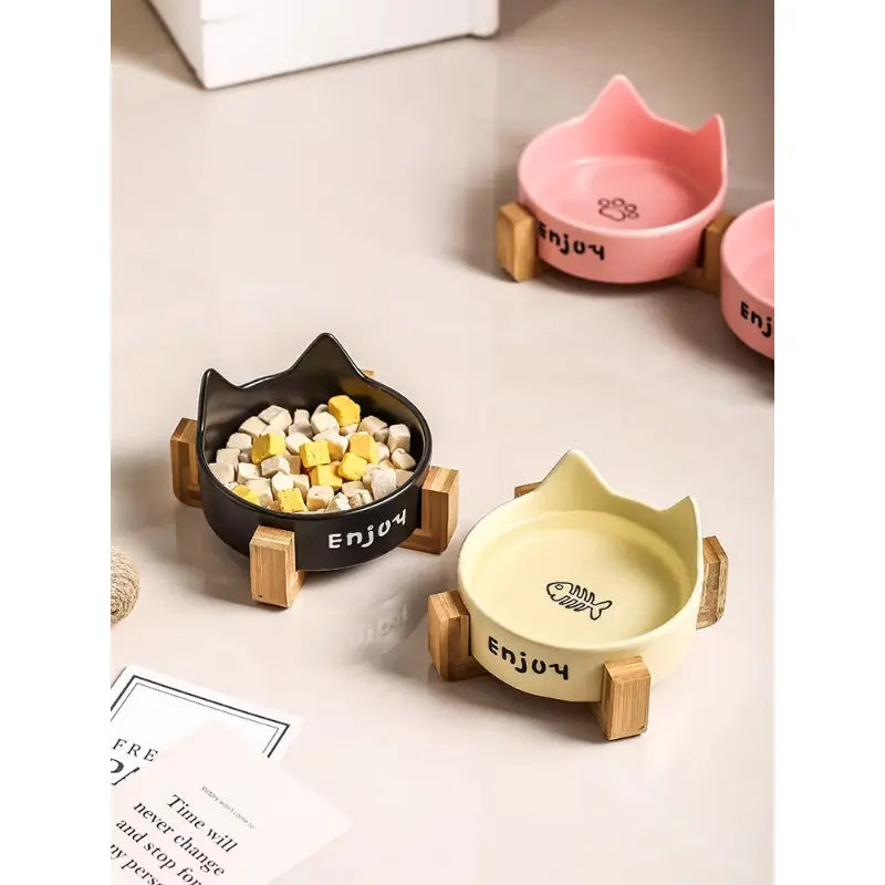 Cat Ear Ceramic Cat Bowl Set with Wooden Stand  Decorla