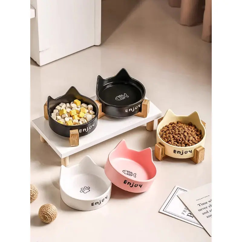 Cat Ear Ceramic Cat Bowl Set with Wooden Stand  Decorla