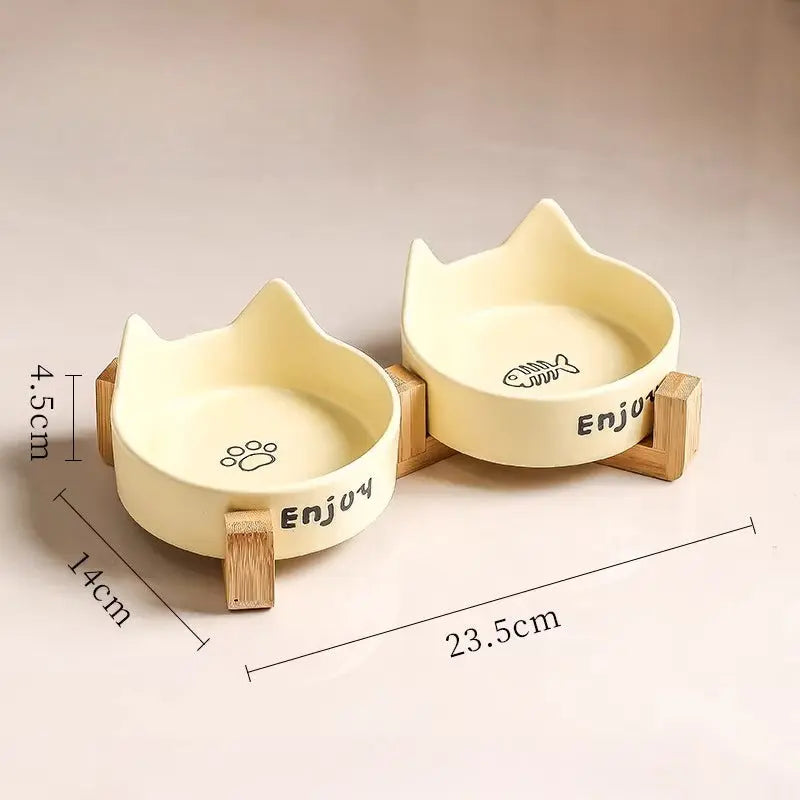 Cat Ear Ceramic Cat Bowl Set with Wooden Stand  Decorla