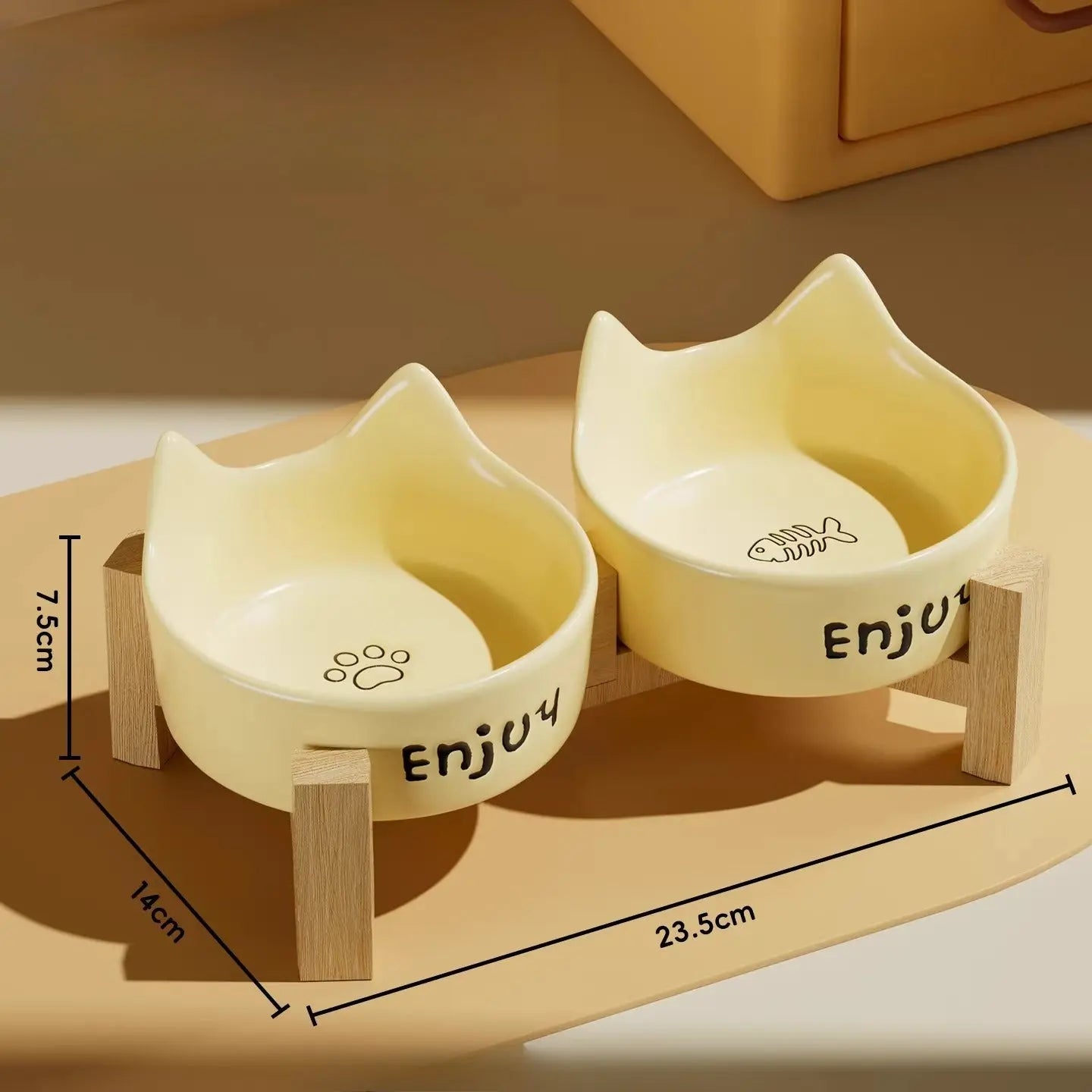 Cat Ear Ceramic Cat Bowl Set with Wooden Stand  Decorla