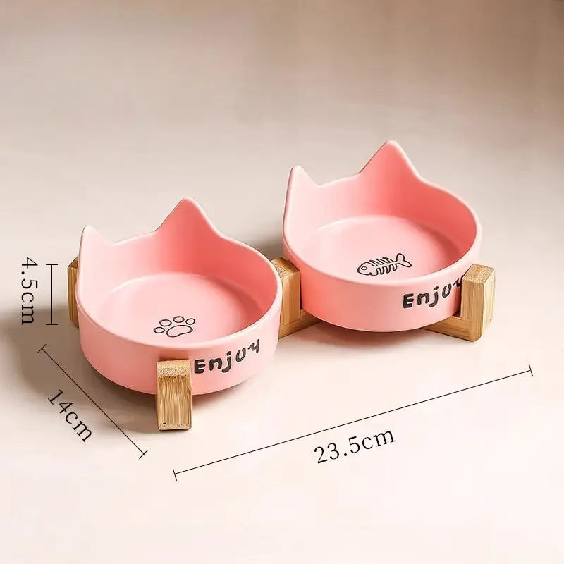 Cat Ear Ceramic Cat Bowl Set with Wooden Stand  Decorla