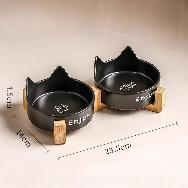 Cat Ear Ceramic Cat Bowl Set with Wooden Stand  Decorla