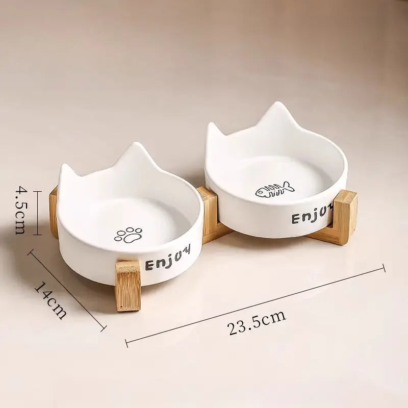 Cat Ear Ceramic Cat Bowl Set with Wooden Stand  Decorla