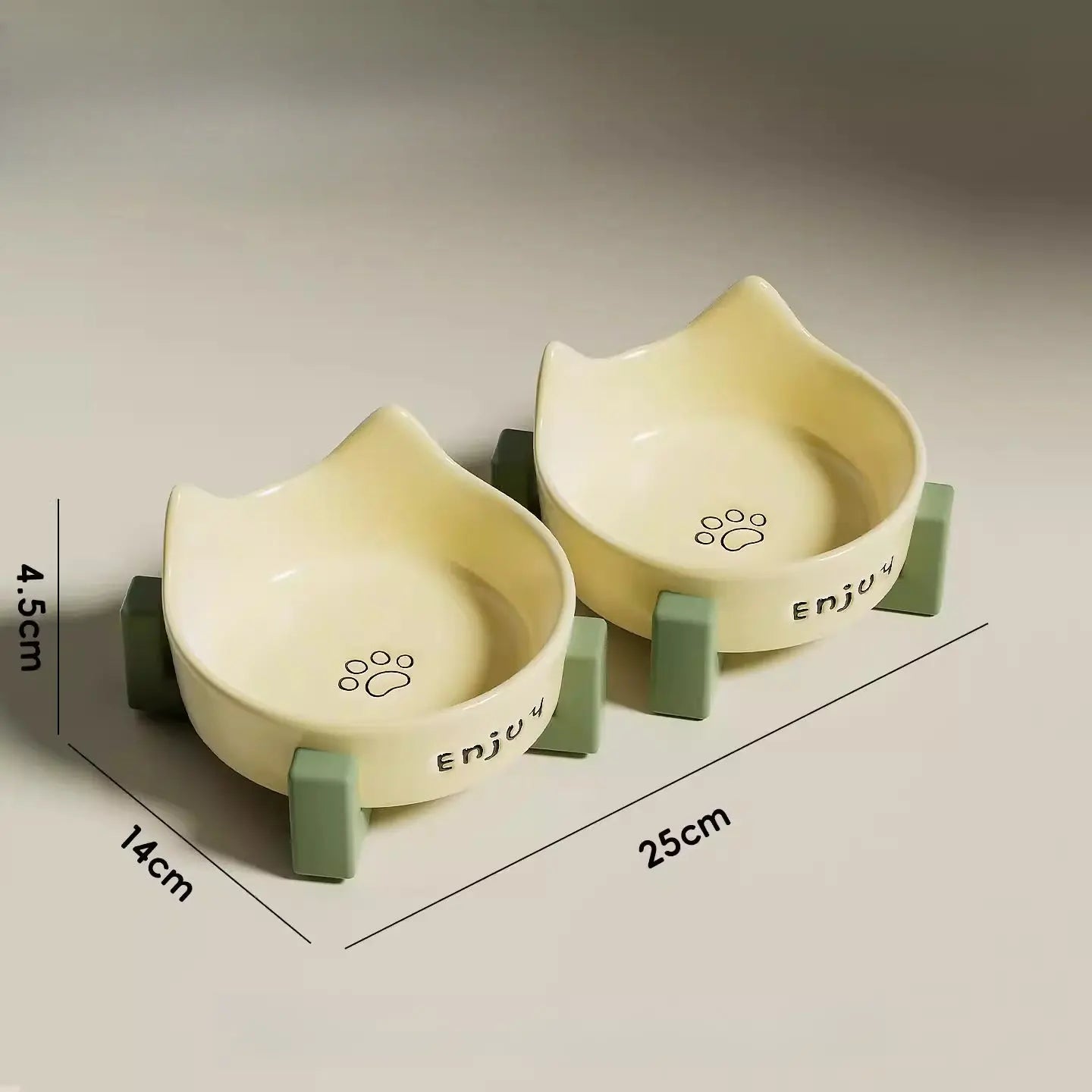 Cat Ear Ceramic Cat Bowl Set with Wooden Stand  Decorla