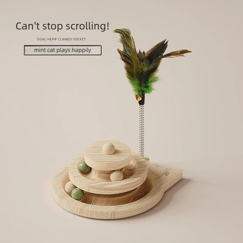 Cat Track Toy – Wooden Ball Track with Feather Teaser and Sisal Rope  Decorla