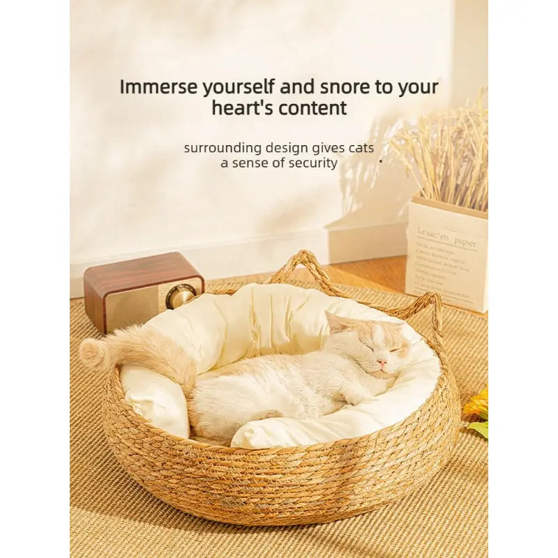 Handwoven Rattan Cat Bed Basket with Soft Cushion  Decorla