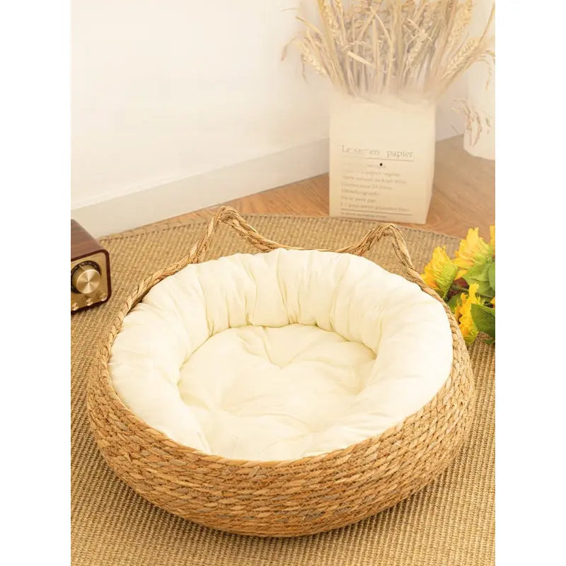 Handwoven Rattan Cat Bed Basket with Soft Cushion  Decorla