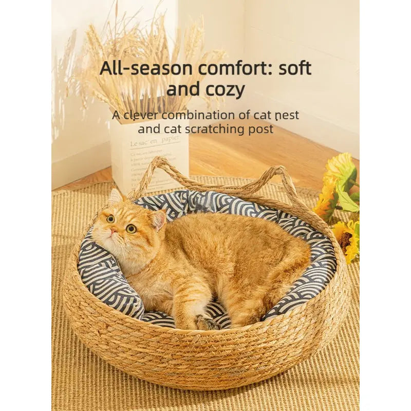 Handwoven Rattan Cat Bed Basket with Soft Cushion  Decorla