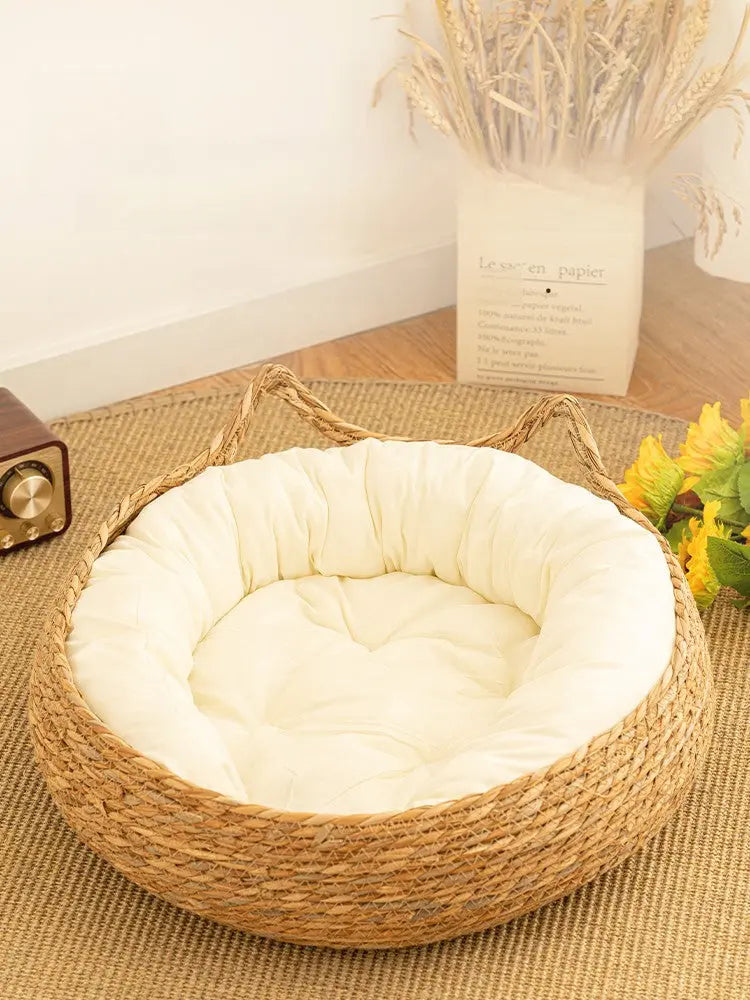 Handwoven Rattan Cat Bed Basket with Soft Cushion  Decorla