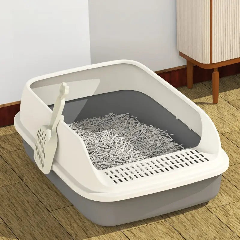 High-Sided Cat Litter Box with Splash Guard and Step  Decorla